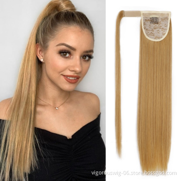 Wholesale Cheapest Blonde Straight Wrap Around Natural Ponytail Piece For Women High Quality Synthetic Hair Extension